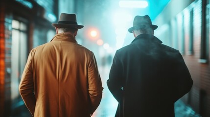 The image features two men in hats walking side by side through a foggy alley illuminated by soft lights, capturing a sense of camaraderie and suspenseful ambiance.