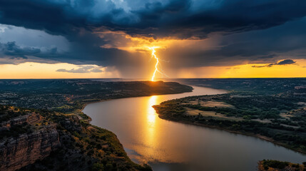 Obraz premium stunning lightning bolt strikes calm river at sunset, illuminating landscape