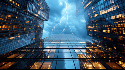 lightning bolt striking tall building in downtown area creates dramatic scene