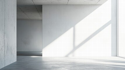 Obraz premium Sunlit Minimalist Interior: A spacious, modern interior features a large window casting dramatic sunlight across a blank white wall, offering a clean.