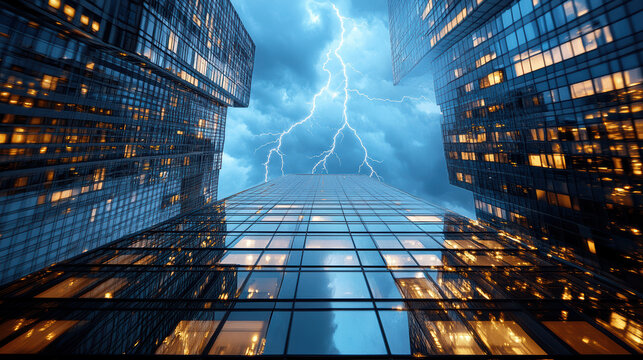 lightning bolt striking tall building in downtown area creates dramatic scene - Powered by Adobe