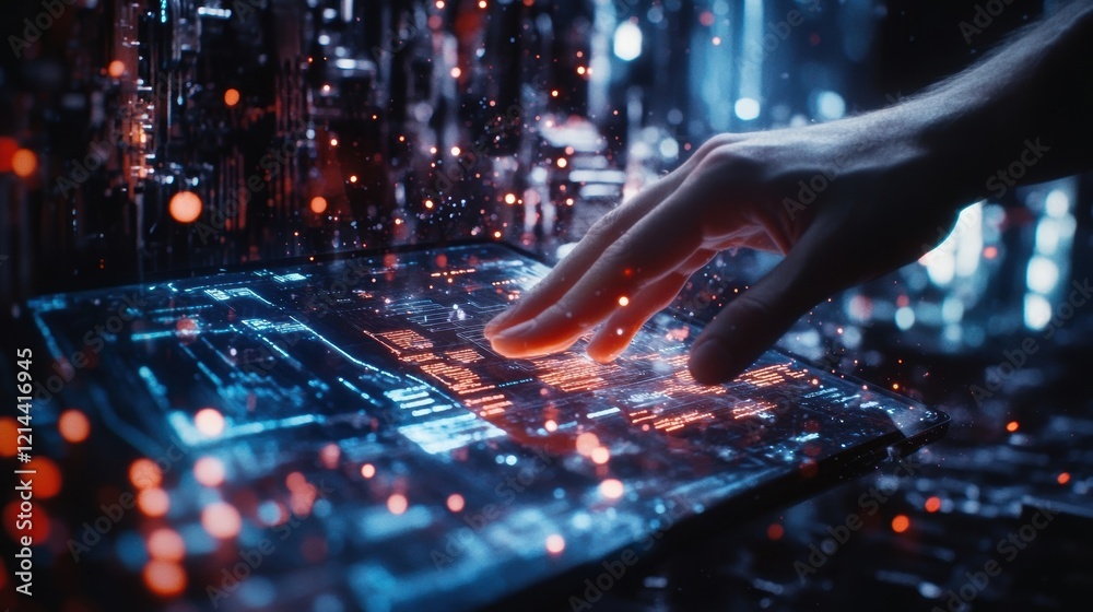 Poster hand interacting with futuristic glowing holographic interface displaying data and code in a technol