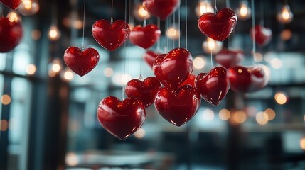This image features beautifully hanging glass hearts illuminated by soft ambient light, creating a romantic and cozy atmosphere that embodies love and connection.