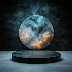 Mystical Dark Stage with Smoke and Fire Orb Background