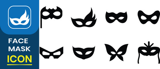 Face mask vector icon set. Feathers fan and magic, security and fraud topic, incognito theatre secret party masque, Scammer or thief mask. carnival villain or burger vector illustration.