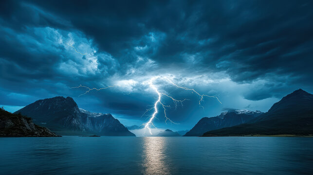 dramatic lightning storm illuminates mountain range over calm lake