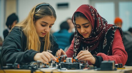 Two Young Girls Engaged in Hands-On Robotics Activity at Class