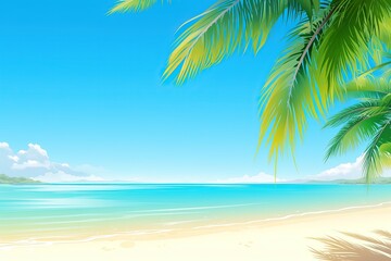 Fototapeta premium Tropical beach with palm trees, blue sky, and calm ocean