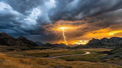 Fototapeta premium lightning storm illuminates vibrant sunset over mountains and river