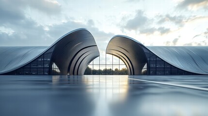 Curved Architectural Structure: A modern architectural marvel featuring sweeping, curved metal panels, creating a dramatic entranceway. The structure reflects the surrounding sky and clouds.