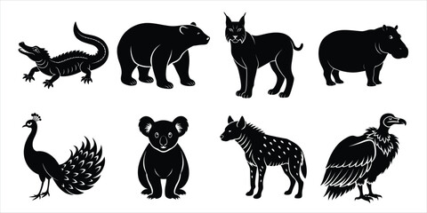 Wild animals silhouette set. Wildlife animals vector illustration