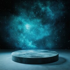 Mystical Cosmic Pedestal: Dark Stone Platform Against a Nebula Background.