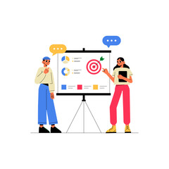 Male And Female Marketers Presenting Sales Targets On A Board In Flat Vector Illustration Symbolizing Business Strategy, Team Collaboration, And Goal Setting, Isolated On White Background