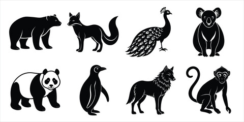 Wild animals silhouette set. Wildlife animals vector illustration