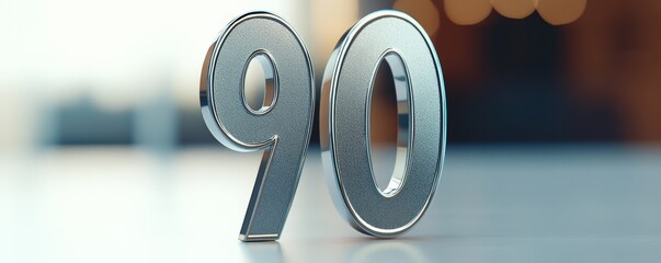 Number ninety made of brushed metal is displayed on reflective surface with blurred background