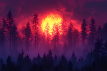 A mystical forest at sunset bathed in deep amethyst hues. The scene captures the enchanting glow of twilight with vibrant purple tones