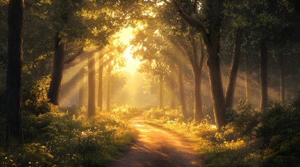 Golden Hour Forest Path  Sunbeams Through Trees