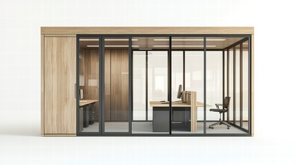 Modern Office Pod: A sleek, minimalist office pod with wood and glass walls provides a private workspace. The interior features two workstations with computers and chairs.