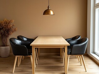 A modern minimalist interior in a dining room with a wooden dining table and black chairs visible and pendant lighting. Generative AI

