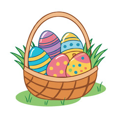 A woven Easter basket filled with colorful, decorated eggs, vector illustration