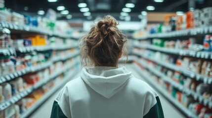 A woman with her hair up stands in a grocery aisle, weighing her options among neatly arranged products, illustrating the everyday challenge of decision-making in life.