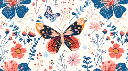 Naklejka premium A vibrant floral pattern with butterflies in shades of pink, blue, yellow, and orange on a white background.