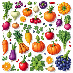Illustration set of vegetables and fruits
