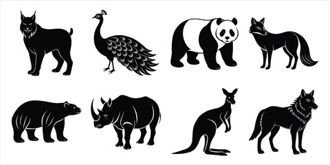Wild animals silhouette set. Wildlife animals vector illustration