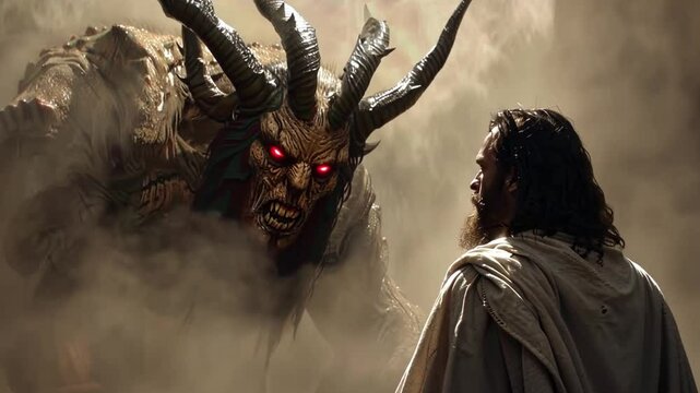 A man stands defiantly before a terrifying creature with glowing red eyes and massive horns. The atmosphere is dark and ominous, filled with smoke and tension.