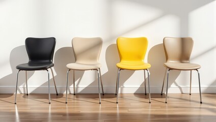 Obraz premium Four elegantly aligned chairs create a striking contrast against a pristine white wall. Black, beige, and yellow blend harmoniously, supported by sleek metal legs atop warm wooden floors