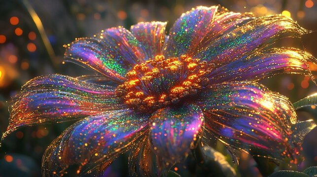 Iridescent glitter flower with bokeh lights.