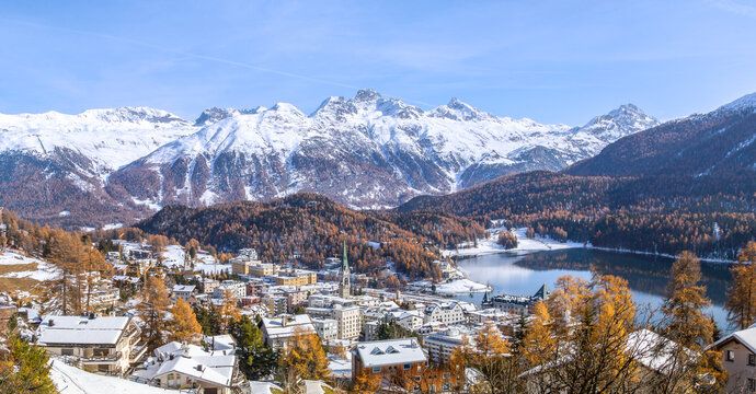 Panorama view of St. Moritz, the famouse resort region for winter sprot, from the high hill  in golden fall season.