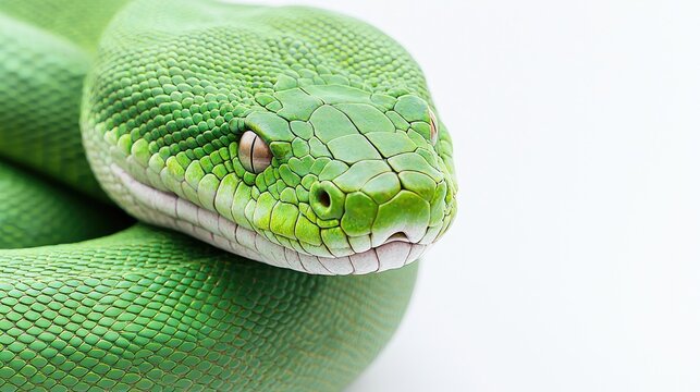 Green tree python close-up, coiled, white background, reptile portrait, nature photography
