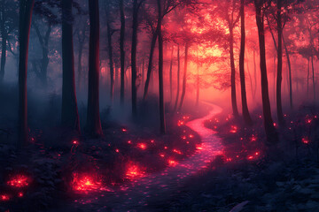 A mystical forest at sunset bathed in deep amethyst hues. The scene captures the enchanting glow of twilight with vibrant purple tones