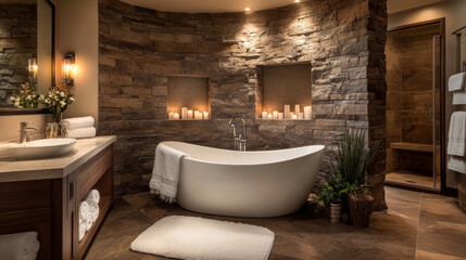 Luxurious bathroom with stone accents, freestanding tub, candles, and modern decor. serene space for relaxation and comfort, featuring elegant design elements