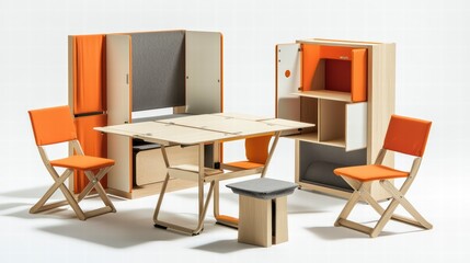 Compact Living Space Solution: Modern, space-saving furniture set featuring a foldable table, two folding chairs, storage cabinets, and a stool.