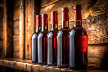 Macro Photography: Red Wine Bottles on Rustic Wooden Shelf