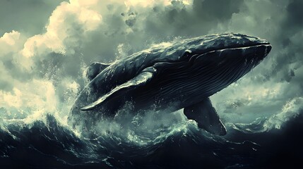 Fototapeta premium Majestic Whale Leaping Ocean Waves Stormy Sky Artistic Painting