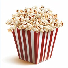 A realistic illustration of a red-and-white striped popcorn box overflowing with fluffy popcorn, set against a white background with high clarity and detailed texture.