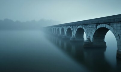 Concrete bridge over water in foggy weather, tranquil scene