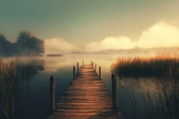 Fototapeta premium Wooden pier on misty lake at sunrise