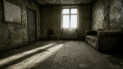 Abandoned House Interior with Mold Growing on Walls and Dusty Wooden Floor in Dim Light