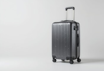A sleek grey suitcase with a modern design and durable wheels, perfect for travelers seeking elegance and convenience. Ideal for travel blogs, and luggage advertisements.