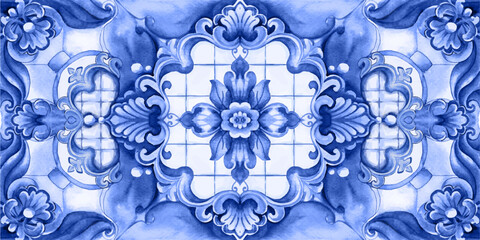 Vector decorative pattern blue and white design with frame or border. Baroque Vector mosaic. Traced watercolo. Capri Majolica