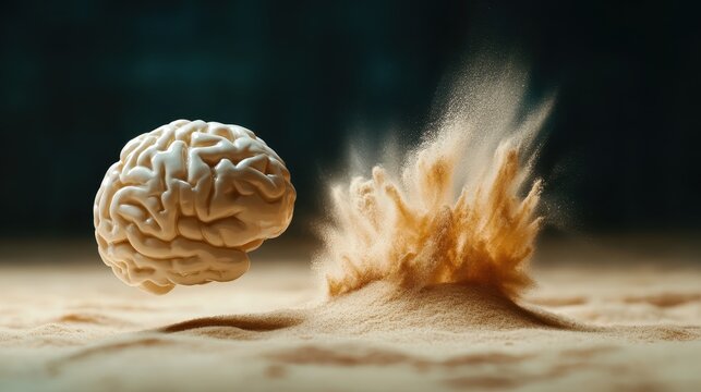 A floating brain amidst a burst of sand captures attention, representing explosive thoughts and creativity in an abstract and surreal interpretation of ideas.