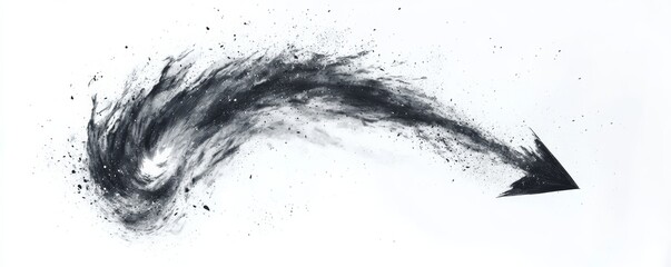 Black powder exploding and creating a dynamic arrow shape pointing right, set against a clean white background, conveys energy and motion