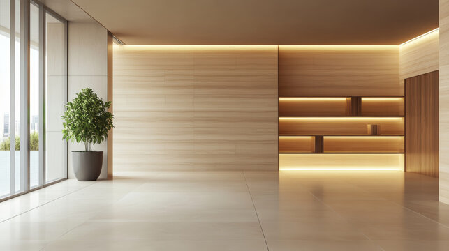 minimalist interior featuring warm beige wall, modern lighting, and potted plant creates serene atmosphere. spacious design emphasizes simplicity and elegance