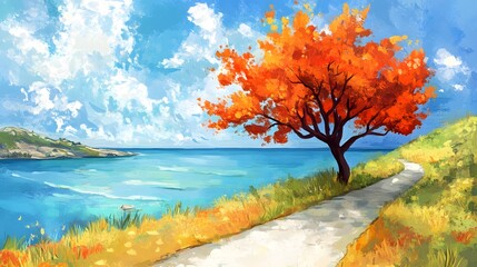 Autumn Coastal Path  Ocean View  Vibrant Tree