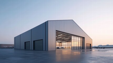 Modern Hangar at Dawn: A sleek, contemporary hangar stands majestically against a sunrise sky, its expansive hangar doors open to reveal a bright, well-lit interior.