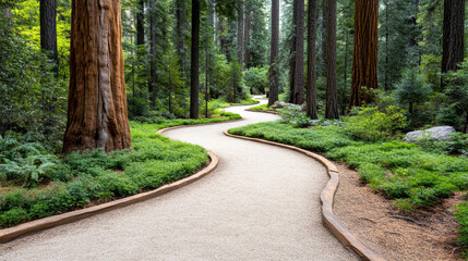 Fototapeta premium Winding path through lush Sequoia forest, inviting exploration and tranquility